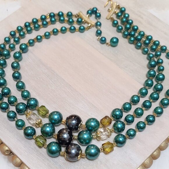 Evergreen green and crystals 3 strand choker vintage necklace - Picture 4 of 4